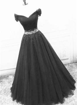 Picture of Black Color Off Shoulder Tulle Lace Beaded A-line Prom Dresses, Black Color Junior Party Dress